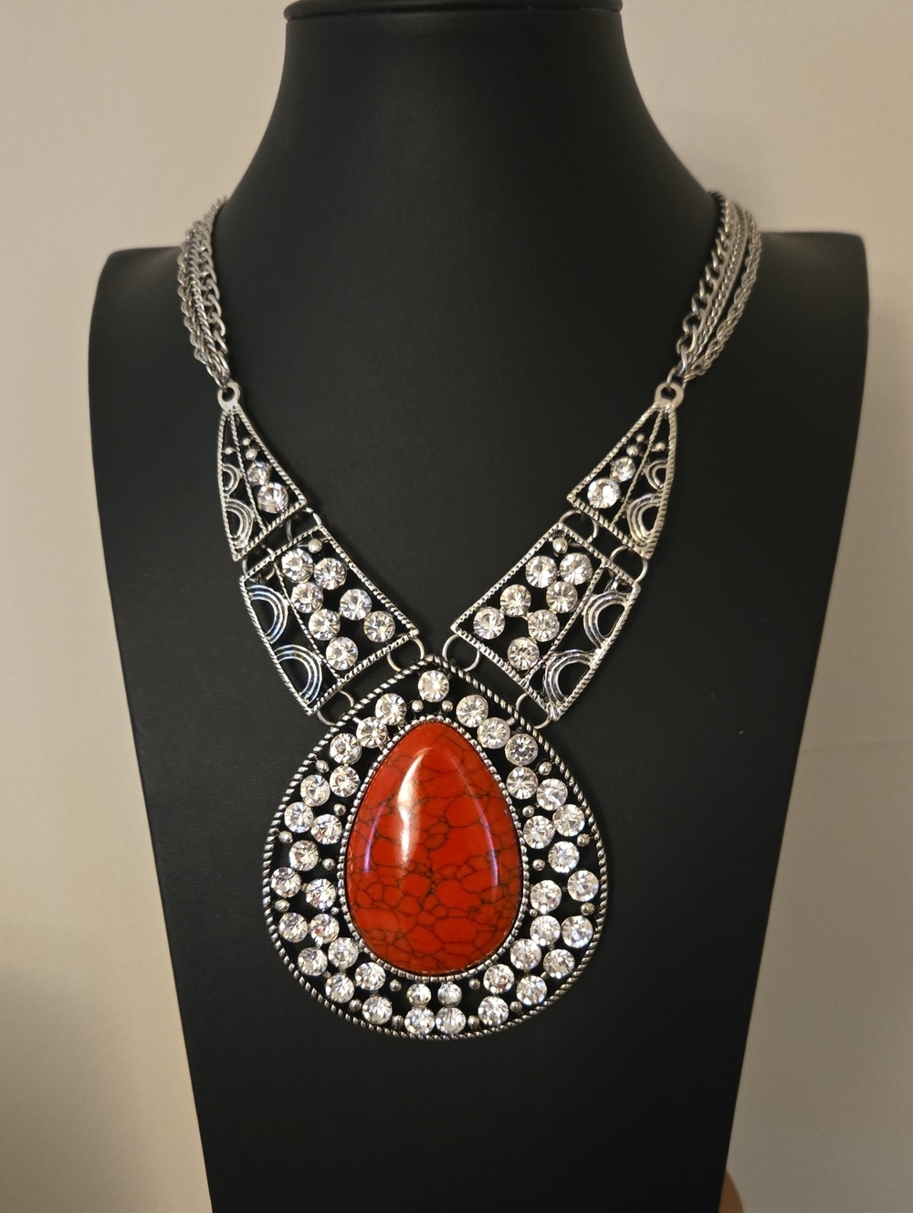 Silver Statement Necklace with Red Stone Pendant